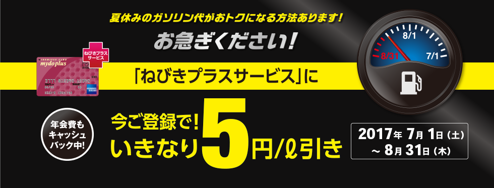 夏休みのガソリン代がおトクになる方法があります!今なら、まにあう!「ねびきプラスサービス」に今ご登録でいきなり5円/L引き
