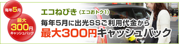 毎年5月 最大300円キャッシュバック エコねびき(エコおトク1) 毎年5月に出光SSご利用代金から最大300円キャッシュバック