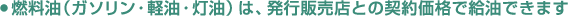 燃料油(ガソリン・軽油・灯油)は、発行販売店との契約価格で給油できます