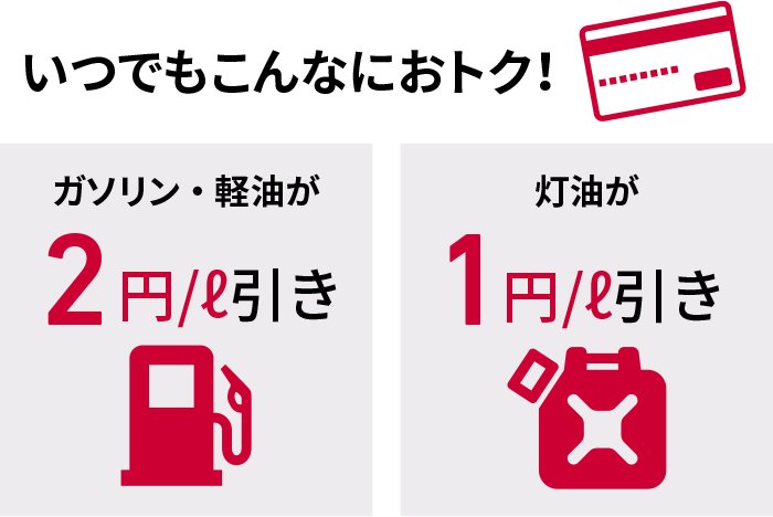 いつでもこんなにおトク！ガソリン・軽油が2円/ℓ引き、灯油が1円/ℓ引き