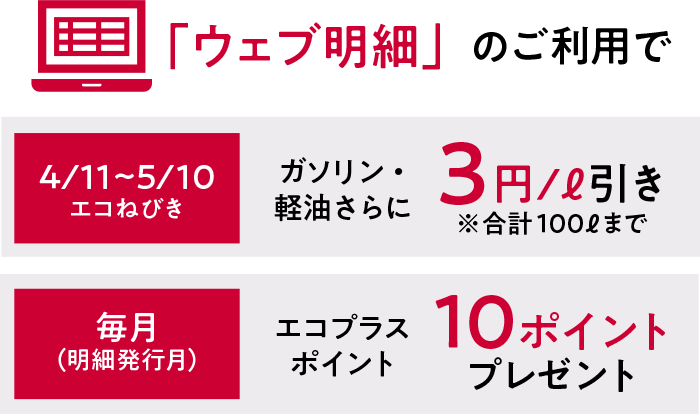 ウェブ明細のご利用で毎年4/11～5/10はガソリン・軽油がさらに3円引き、毎月エコプラスポイント10ポイントプレゼント