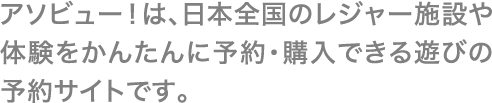 アソビュー！は、日本全国のレジャー施設や体験をかんたんに予約・購入できる遊びの予約サイトです。