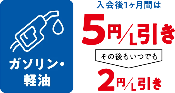 ガソリン・軽油　入会後1ヶ月間は5円/L引き その後もいつでも2円/L引き