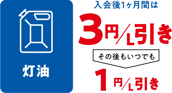 灯油　入会後1ヶ月間は3円/L引き その後もいつでも1円/L引き