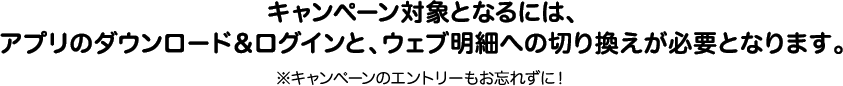 キャンペーン対象となるには、アプリのダウンロード＆ログインと、ウェブ明細への切り換えが必要となります。※キャンペーンのエントリーもお忘れずに！