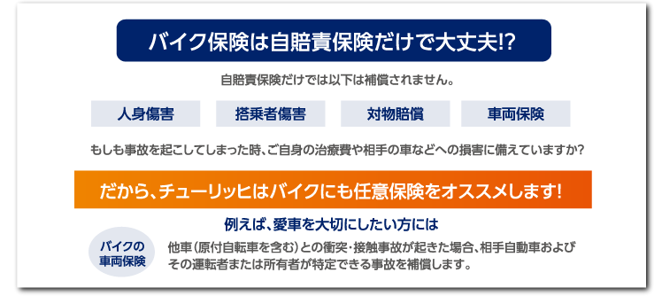 自賠責保険だけでは以下は補償されません。人身傷害/搭乗者傷害/対物賠償/車両保険 もしも事故を起こしてしまった時、ご自身の治療費や相手の車などへの損害に備えていますか？だから、チューリッヒはバイクにも任意保険をオススメします！