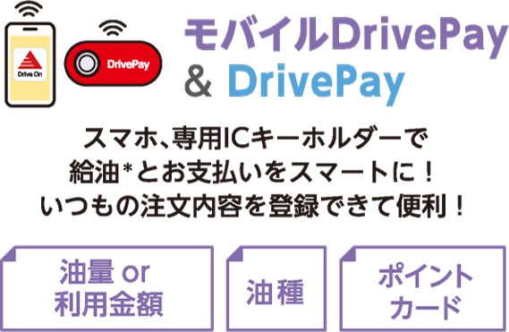 モバイルDrivePay＆DrivePay スマホ専用ICキーホルダーで給油＊とお支払いをスマートに！いつもの注文内容を登録できて便利！
