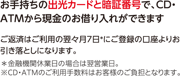 お手持ちの出光カードと暗証番号で、CD・ATMから現金のお借り入れができます ご返済はご利用の翌々月7日＊にご登録の口座よりお引き落としになります。＊金融機関休業日の場合は翌営業日。※CD・ATMのご利用手数料はお客様のご負担となります。
