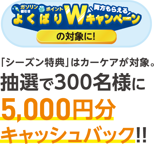 よくばりWキャンペーン 「シーズン特典」はカーケアが対象。抽選で300名様に5,000円分キャッシュバック!!