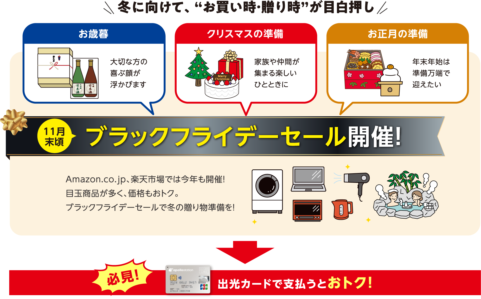 冬に向けて、“お買い時・贈り時”が目白押し 11月末頃ブラックフライデーセール開催！ 必見！出光カードで支払うとおトク！
