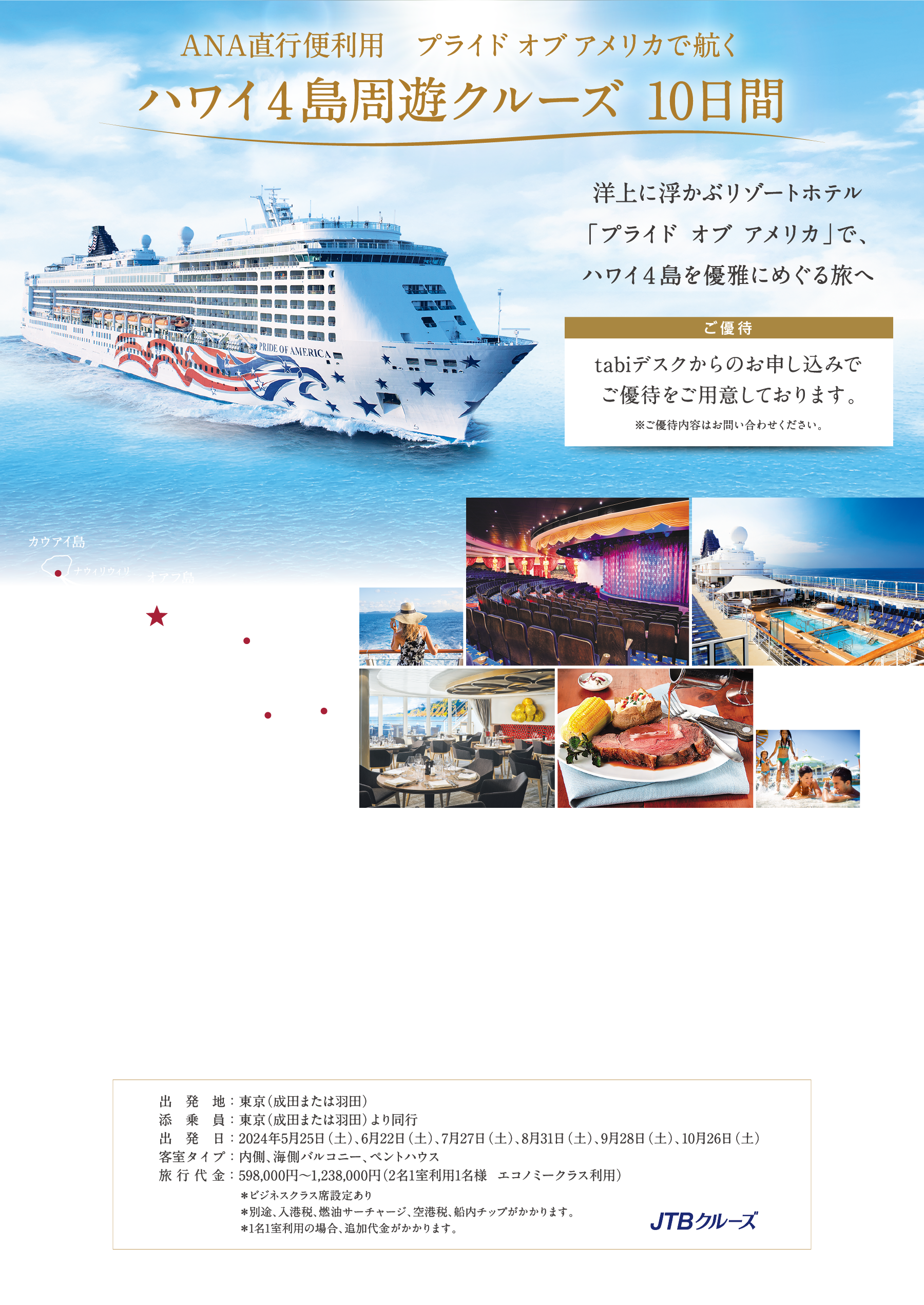 ANA直行便利用　プライド オブ アメリカで航く ハワイ4島周遊クルーズ 10日間
