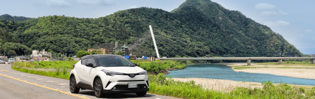 金華山を背景に長良川沿いをドライブ