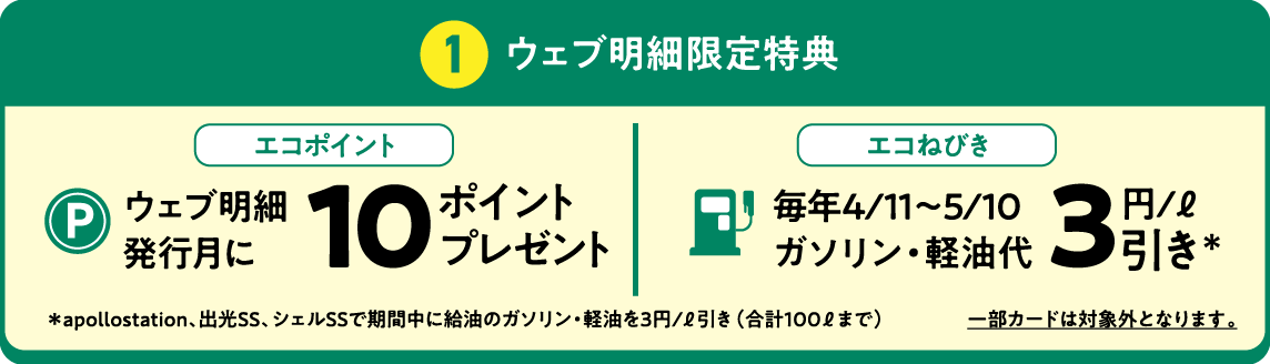 1 ウェブ明細限定特典 [エコポイント]ウェブ明細発行月にポイントプレゼント／[エコねびき]毎年4/11～5/10 ガソリン・軽油代 値引き＊／＊apollostation、出光SS、シェルSSで期間中に給油のガソリン・軽油を3円/ℓ引き（合計100ℓまで） 一部カードは対象外となります。