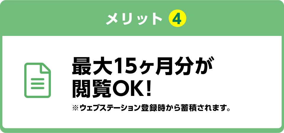 メリット4 最大15ヶ月分が閲覧ＯＫ！ ※ウェブステーション登録時から蓄積されます。